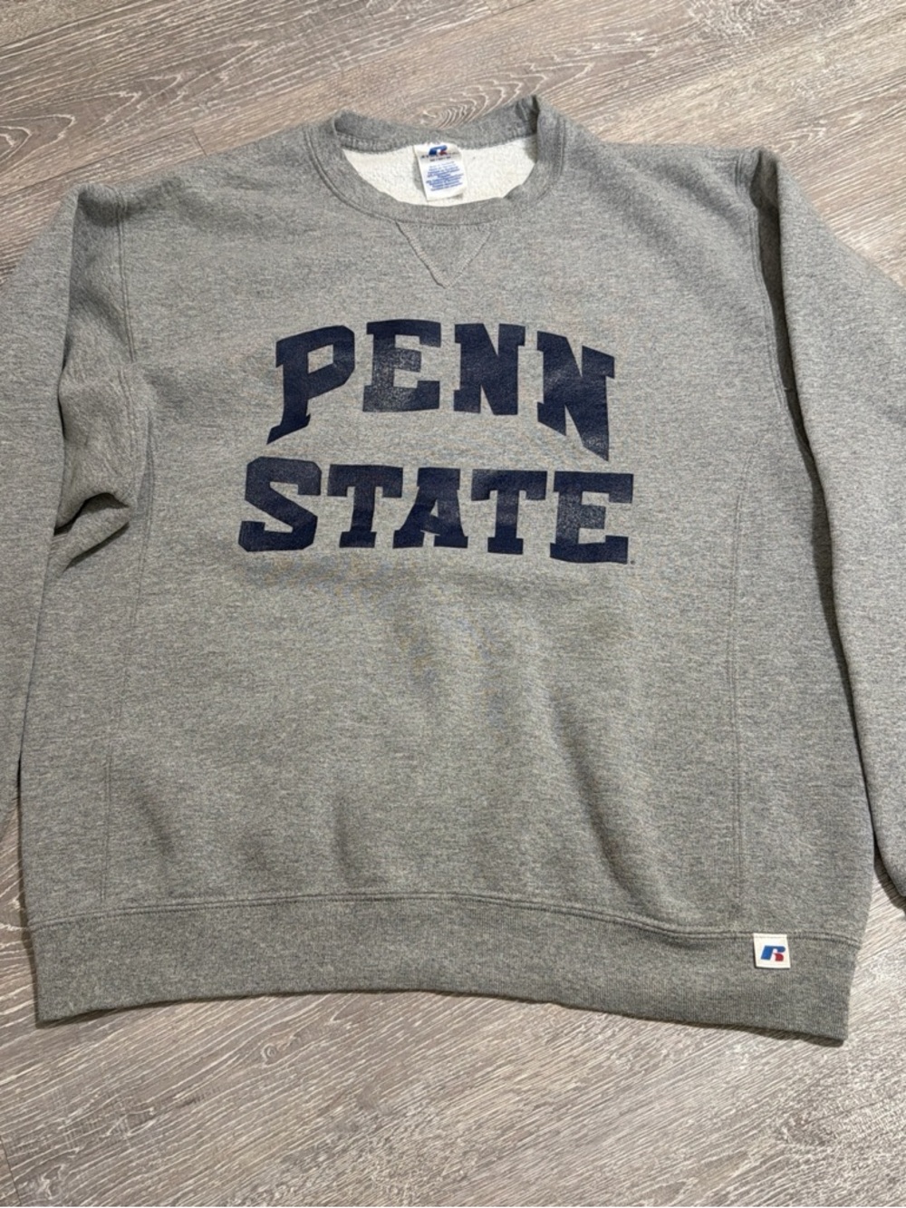 Russell Athletic Gray Crewneck Sweatshirt with Navy "PENN STATE" Lettering